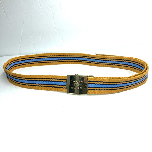 Tommy Hilfiger Canvas Ratchet Gold Buckle Belt yellow Blue Striped Ajustable - Picture 5 of 16